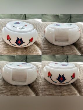 Set of 6 Vintage Marble Coasters with Holder Stone Inlay Flower Boho Pietra Dura
